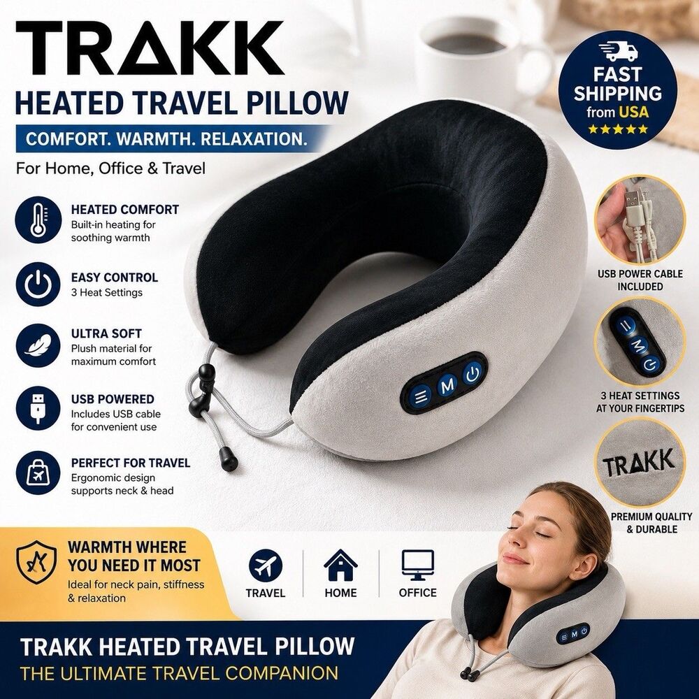TRAKK U-PILLOW Neck Massage Travel Pillow Therapeutic Heat Memory Foam USB